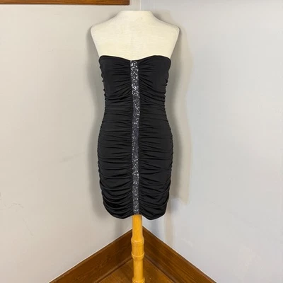 NWT Y2K Strapless Ruched Black Mini Dress S Silver Sequin Bodycon Cocktail NYE - Image 1 of 4
