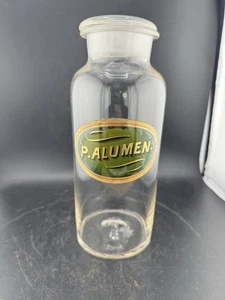Antique P. Alumen Glass Apothecary Bottle W/ Pontil Mark & Green Applied Label / - Picture 1 of 12