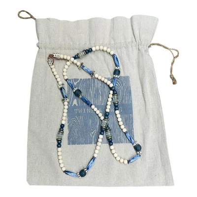 TWINE & TWIG 48” Beaded Necklace Blue White Glass Brass Stone Etched Boho Anthro - Image 1 of 4