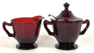 Vintage Anchor Hocking Royal Ruby Red Creamer & Sugar Bowl With Lid - Image 1 of 4