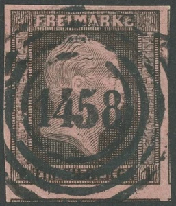 PREUSSEN 1850, 1 Sgr. schwarz auf dkl`rosa, zentrischer Nummernstempel 1458 - Bild 1 von 1