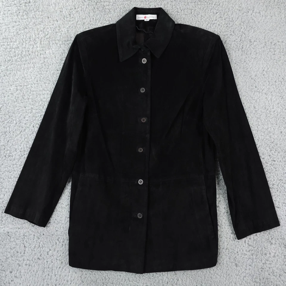 Camisa feminina Saks Fifth Avenue roupa real 6 jaqueta de couro camurça preta botão - Imagem 1 de 4