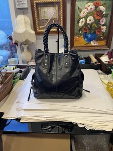 Francesco Biasia Black Leather Large Satchel Tote with Braided Handles carryall - Picture 1 of 12