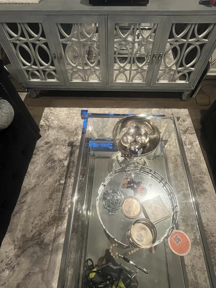Stylish Glass Coffee Table with Silver Decorative Tray - Image 1 of 4