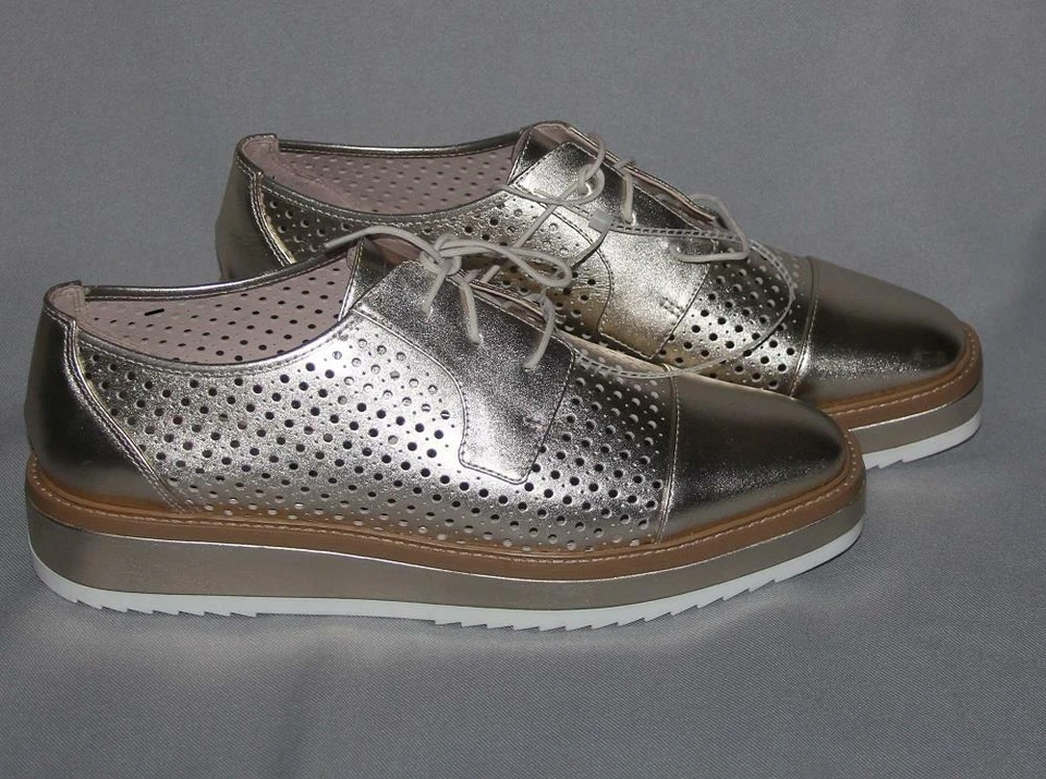 Nine West VERWIN Gold Leather Metallic Platform Perforated Oxford Wm's Shoes NEW - Image 1 of 1