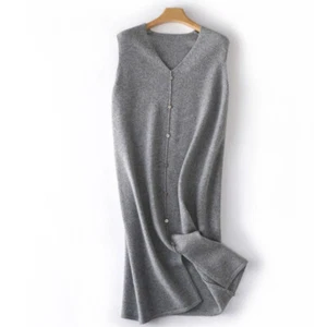 Women Slit Knitted Pullover Top Sleeveless Midi V-neck Dress Long Sweater Vest - Picture 1 of 13