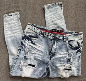 MAKOBI MK M1928 Distressed All Over Shredded Dirt Wash Denim Jeans - Men 42x32 - Picture 1 of 11