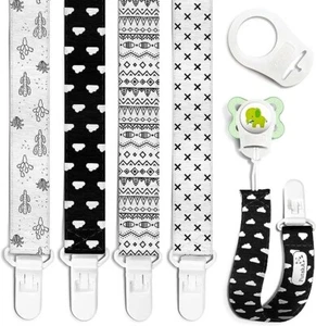 Pacifier Clips 4 Pc Set Black White Modern Design Binky Clip Fits All Pacifiers - Picture 1 of 5