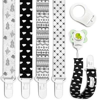 Pacifier Clips 4 Pc Set Black White Modern Design Binky Clip Fits All Pacifiers - Image 1 of 4
