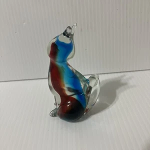Glass Cat Murano Style Red & Blue colors 4.5” Tall Desk Art Figurine Paperweight - Picture 1 of 5