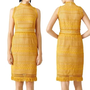 SHOSHANNA Cabrillo Lace Crochet Pencil Midi Dress Sz 4 Gold Fringe Cocktail - Picture 1 of 10