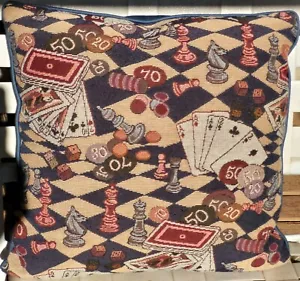VTG Rare Tapestry Chess Cards Casino Poker Chips Fools Gold Throw Pillow - Picture 1 of 5