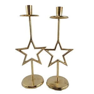 Vintage Pier 1 Pair Brass Star Celestial 13" Tall Candlestick Holder Home Decor - Picture 1 of 12