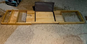 GREAT CONDITION adjustable Wooden Bath Caddy Tray Rack Shelf Phone, Tablet, Book - Picture 1 of 2