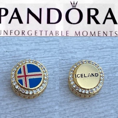 Rare PANDORA Country Of Iceland EXCLUSIVE Flag Enamel Round Gold Sparkling CHARM - Image 1 of 4