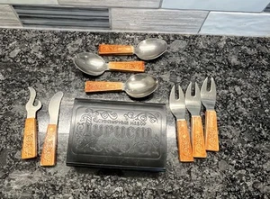Vtg USSR Tourist Road Camp Utensil Set In Case Wood Handles Travel Picnic - Picture 1 of 4