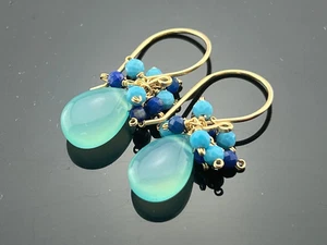 Aqua Chalcedony Drop, Turquoise & Lapis Lazuli Cluster Earrings • 14K Gold - Picture 1 of 5
