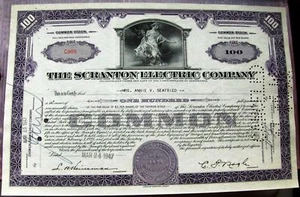 Certificado de acciones de Scranton Electric Company 100 acciones del estado de Pennsylvania - Imagen 1 de 1