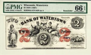 $2 1850's-1860's Wisconsin, Watertown PMG 66 Gem Uncirculated- GORGEOUS NOTE! - Picture 1 of 11