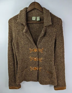 Anthropologie HWR Brown Boucle Knit Gold Velvet Trim Fitted Cardigan Sweater S - Picture 1 of 9