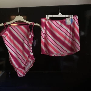LIMITED TOO GIRLS 2 PC  Pink And White Stripe SWIMSUIT/SKIRT  Sz 16 And XL  NEW - Picture 1 of 6