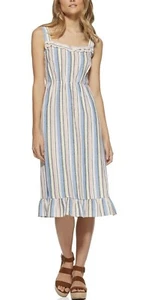 Schaufel Leinenmischung Sommerkleid L (12-14) gestreift, Rüschenhals & Saum Ruch Rücken, Multi - Bild 1 von 7
