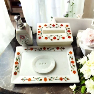 Juego de baño de mármol blanco hecho a mano 4 piezas elegante incrustación accesorios colección - Imagen 1 de 4