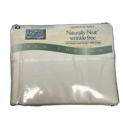 VTG JCP Naturally-Neat Queen Flat Sheet 230 Thread Count White Made in USA - Image 1 of 4