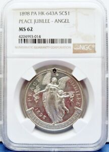 1898 PA HK-643A SO-CALLED DOLLAR WHITE METAL PEACE JUBILEE ANGEL NGC MS 62'S