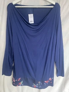 NEW GEORGE Plus Sz 20 Navy Blue Tunic Top Long Sleeve Cowl Neck Floral Detail - Picture 1 of 4