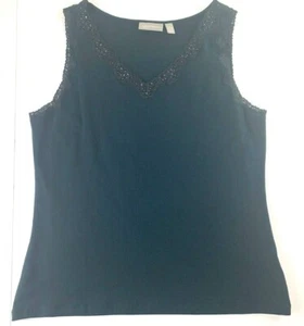 Croft barrow Stretch Women's Size Large Cami Lace/Bead V-Neck Blouse Black EUC - Picture 1 of 5