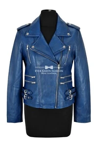 Chaqueta de motociclista azul para dama MYSTIQUE chaqueta de diseñador Napa 100 % cuero 7113 - Imagen 1 de 7