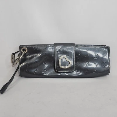 Guess Grey Patent Rhinestone Heart Clutch Y2K Embossed Logo Handbag - Image 1 of 4