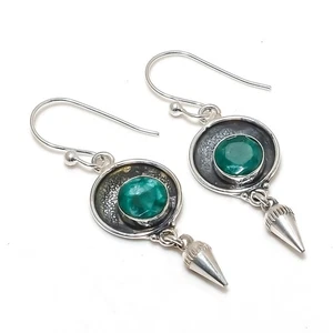 Lab-Created Emerald Gemstones Handmade 925 Sterling Silver Jewelry Earrings - Picture 1 of 5