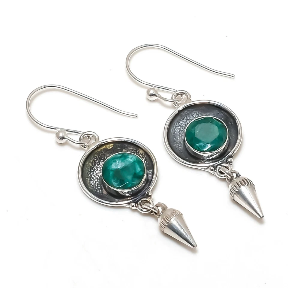 Lab-Created Emerald Gemstones Handmade 925 Sterling Silver Jewelry Earrings - Image 1 of 4