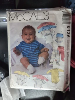 6136 Vintage McCalls Sewing Pattern Infant Layette PLaysuit Sacque T Shirt Pants - Image 1 of 2