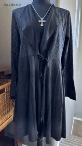 New VOCAL Womens BLACK LACE FAUX SUEDE TIE CARDIGAN JACKET POCKETS S M BOHO CHIC - Picture 1 of 5