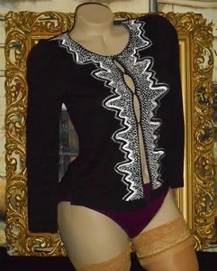 Black Silk Cotton Cardigan Sweater White  Embroidery BCBGMaxazria Small USA - Picture 1 of 5