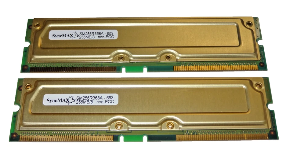 512MB (2x256MB) PC600 600MHz RDRAM 184-Pin RIMM Non-ECC - SyncMAX SM256R368A-653 - Image 1 of 1