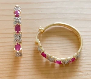 1.50ctw GENUINE RUBY STONE & DIAMOND HUGGIE EARRINGS NEW - Picture 1 of 6