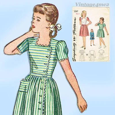 1940s Vintage Simplicity Pattern 1267 Cute Uncut Toddler Girls WWII Dress Size 6 - Image 1 of 4