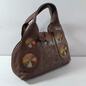 RADLEY Leather Bowling Style Bag Hobo Embroidery Circles Grab Hand Bag Brown - Picture 1 of 24