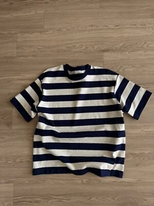 Zara Men STRIPED JACQUARD T-SHIRT NAVY  - Picture 1 of 4
