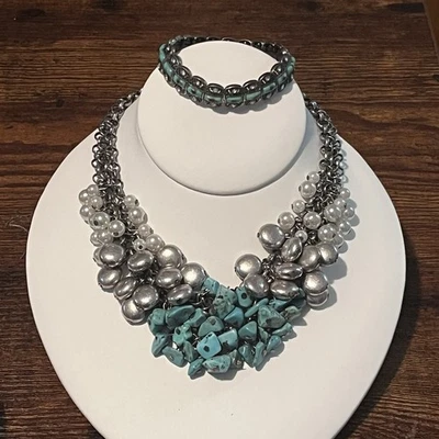 COLLAR BABERO DE COTA DE CADENA VINTAGE CON CUENTAS TROZOS DE TURQUESA COLLAR COLGANTE Foto 1 de 4