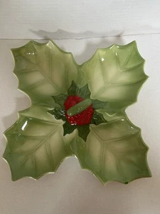 VTG Atlantic Mold Large Holly Divided Dish Server Christmas Holliday Green & Red - Picture 1 of 8