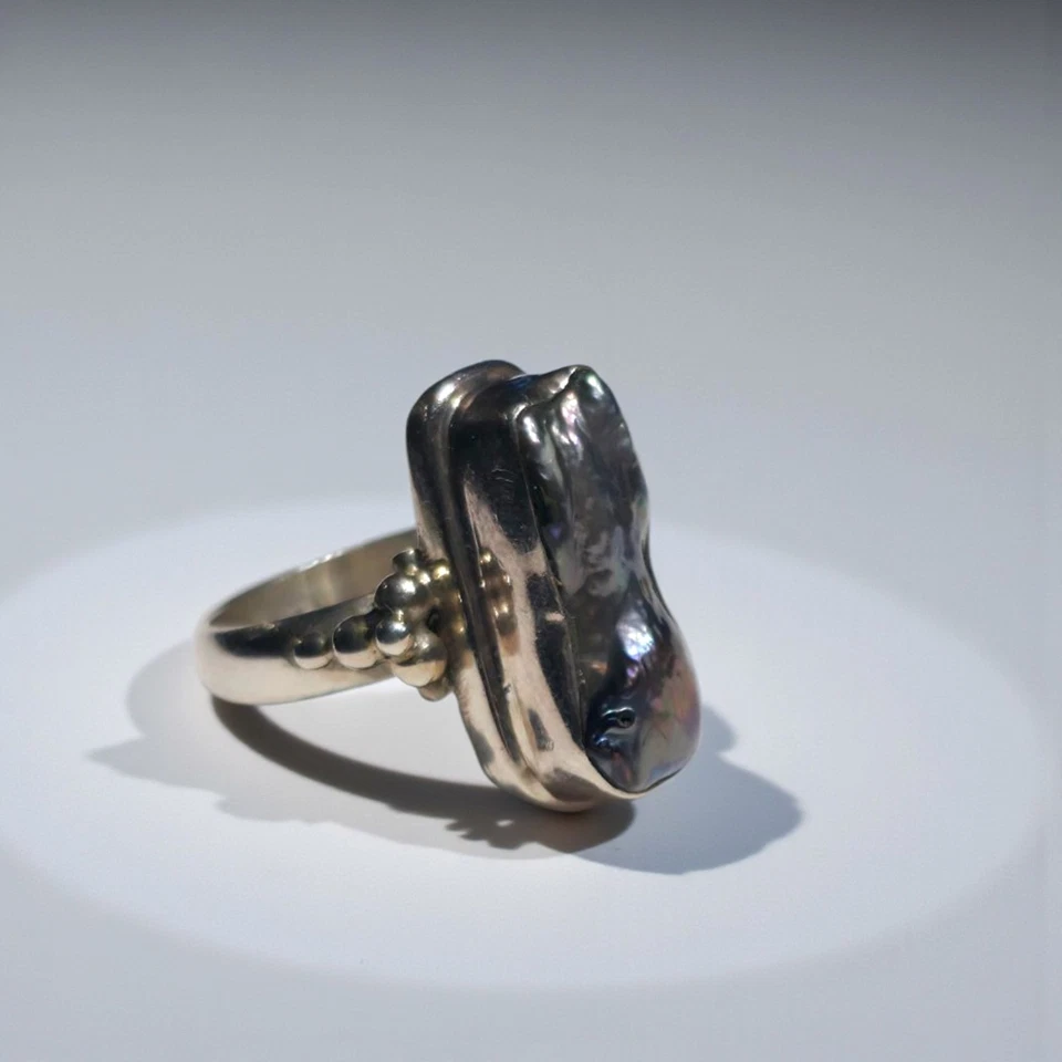 Sterling Silver Baroque Black Pearl Statement Ring 925 Modernist Artisan Boho... - Image 1 of 4