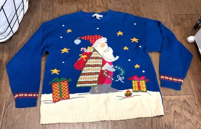 Suéter de Navidad Tejido Islas del Norte Azul Papá Noel Presenta Estrellas Mediano De Colección Foto 1 de 4