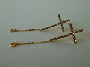 2x pairs of gold plated CZ dangle earring (cross) Womens quality Jewellery - Foto 1 di 4