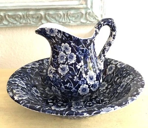 Blue Calico Fruit Bowl & Individual Creamer England - Picture 1 of 6