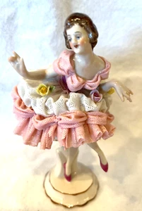 Dresden Volkstedt Porcelain German WHITE & PINK LACE BALLERINA w/ Flowers 5.5" - Picture 1 of 5